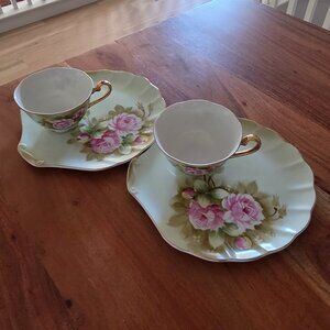 Vintage Lefton Heritage Rose Green Hand Painted 2x Snacks Sets Teacups & Plates